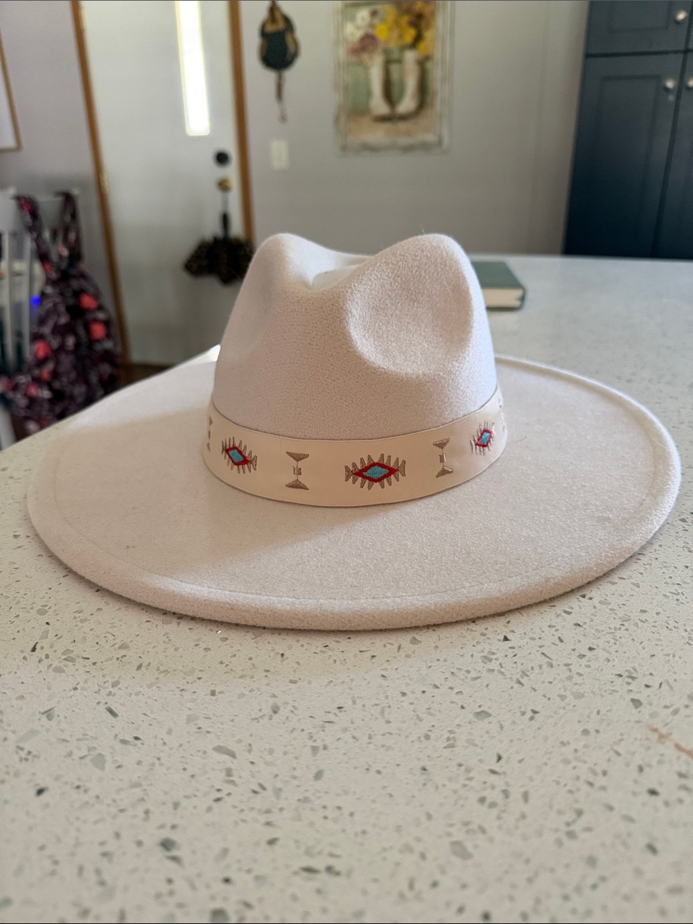 Tilly's Cream Felt Fedora with Embroidered Southwestern Band